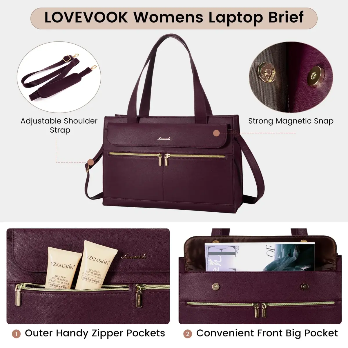 LOVEVOOK Laptop Tote Bag for Women - 15.6 Inch Professional Leather Computer Briefcase, Waterproof Shoulder Bag, Large Capacity Business Teacher Office Bag, Crossbody Purse - Fuchsia - view 5