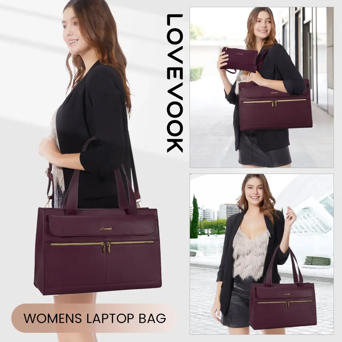LOVEVOOK Laptop Tote Bag for Women - 15.6 Inch Professional Leather Computer Briefcase, Waterproof Shoulder Bag, Large Capacity Business Teacher Office Bag, Crossbody Purse - Fuchsia - view 2