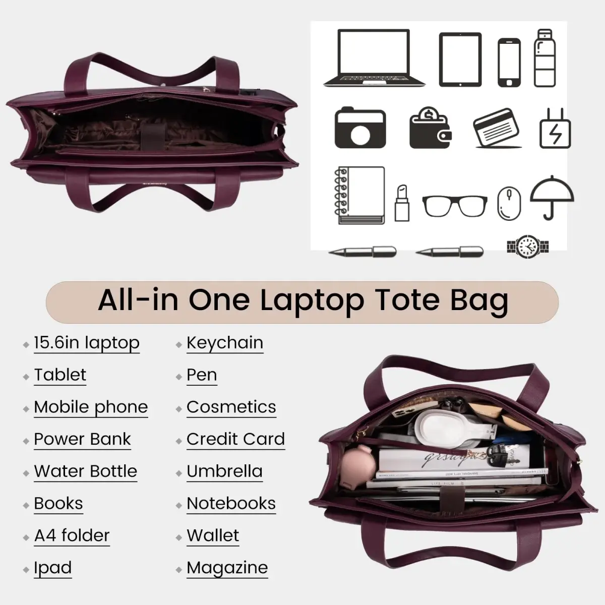 LOVEVOOK Laptop Tote Bag for Women - 15.6 Inch Professional Leather Computer Briefcase, Waterproof Shoulder Bag, Large Capacity Business Teacher Office Bag, Crossbody Purse - Fuchsia - view 3