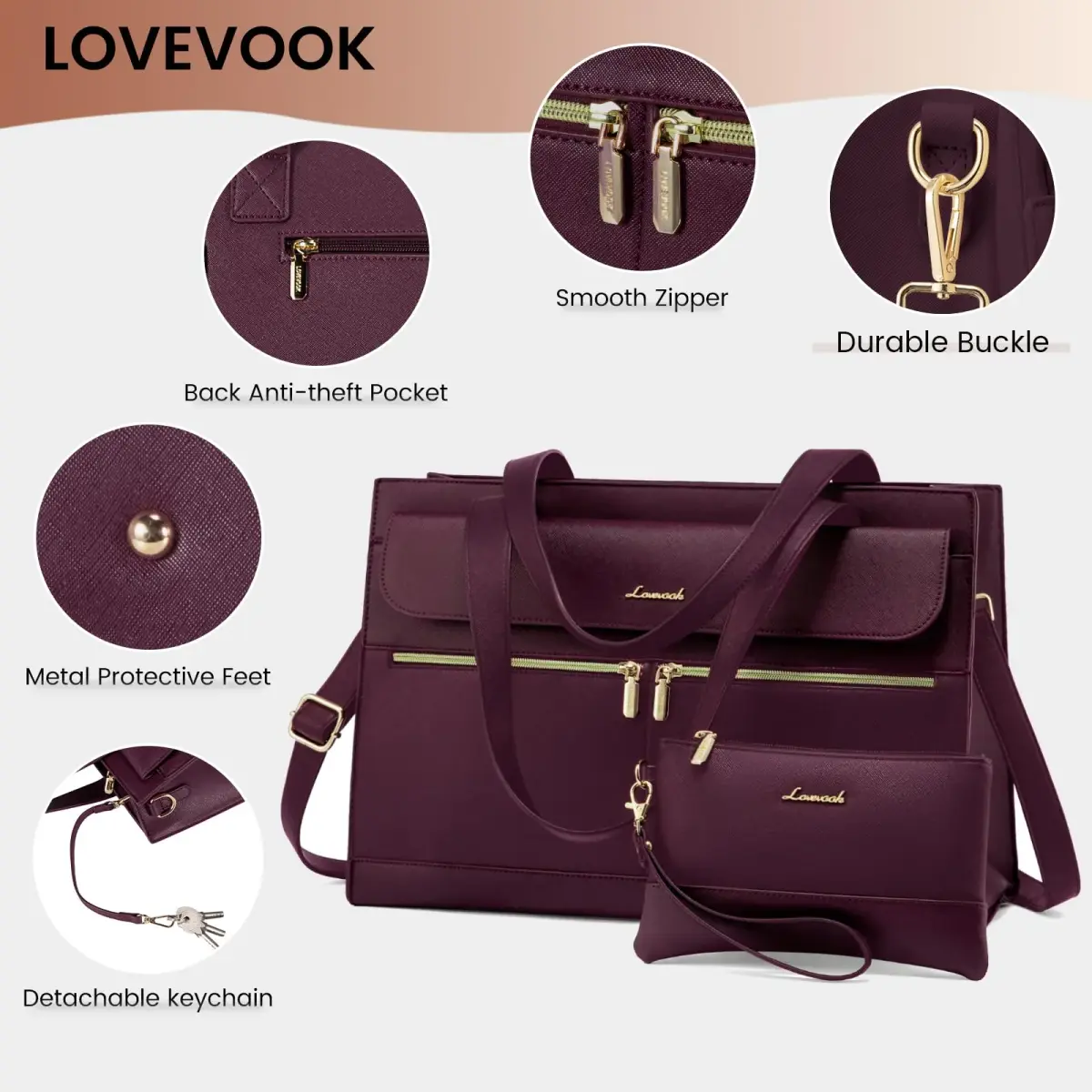 LOVEVOOK Laptop Tote Bag for Women - 15.6 Inch Professional Leather Computer Briefcase, Waterproof Shoulder Bag, Large Capacity Business Teacher Office Bag, Crossbody Purse - Fuchsia - view 4