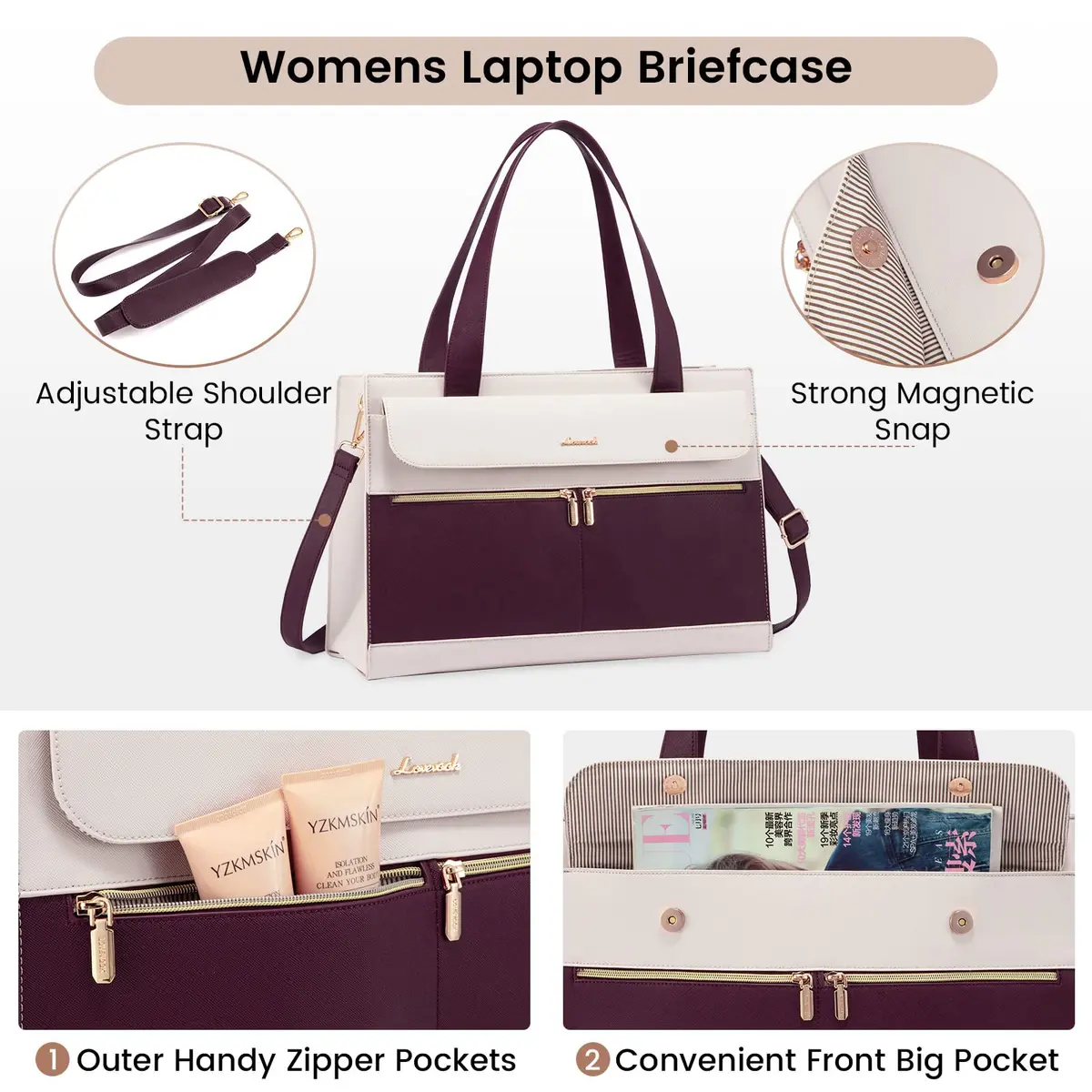 LOVEVOOK Laptop Tote Bag for Women 15.6 Inch | Professional Leather Computer Briefcase with Clutch - view 5