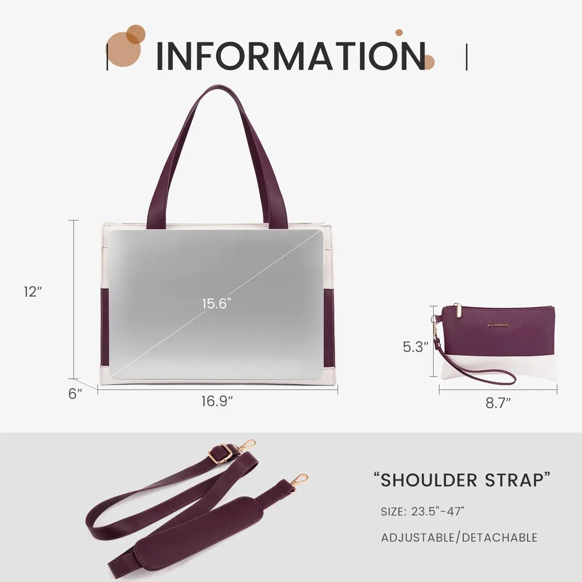 LOVEVOOK Laptop Tote Bag for Women 15.6 Inch | Professional Leather Computer Briefcase with Clutch - view 6