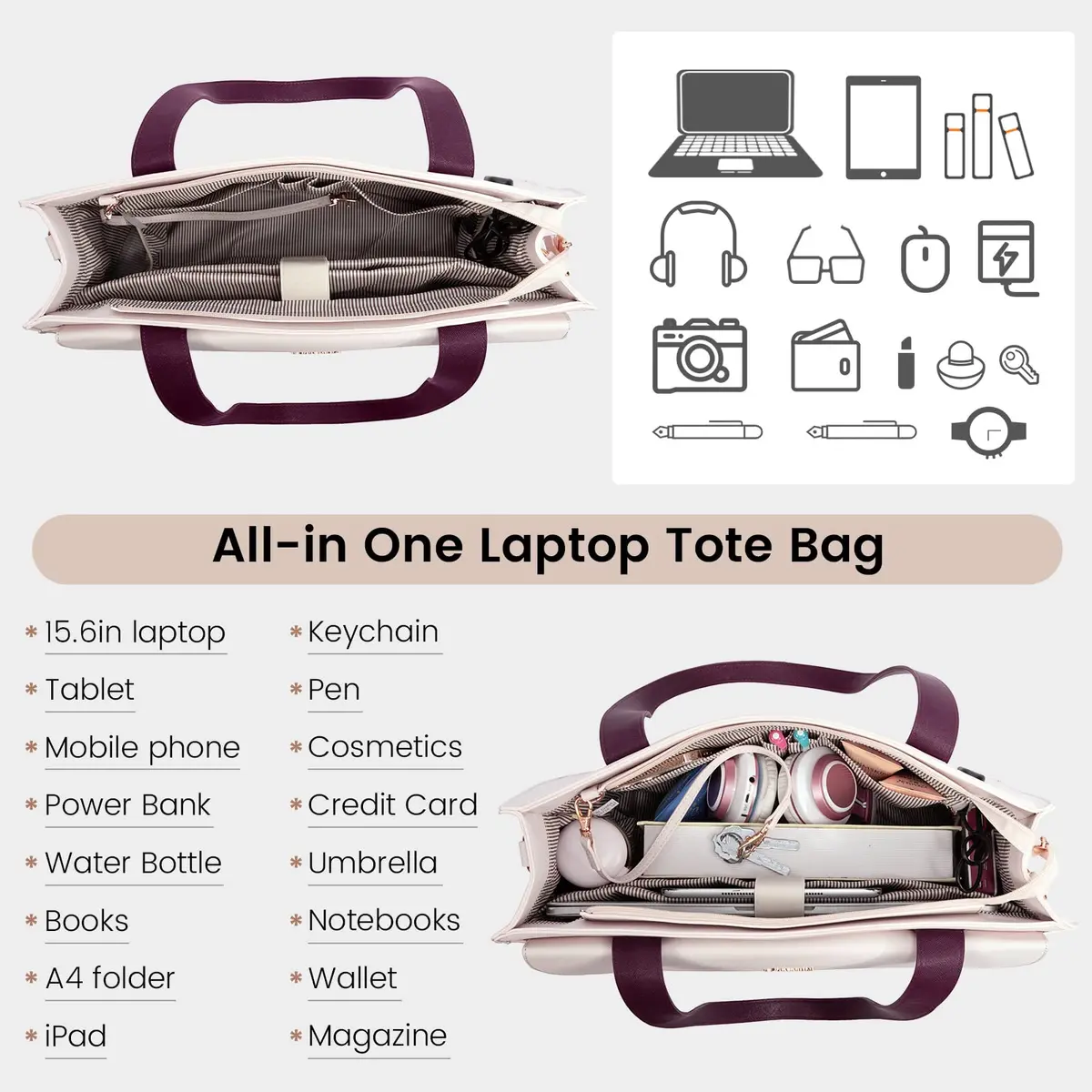 LOVEVOOK Laptop Tote Bag for Women 15.6 Inch | Professional Leather Computer Briefcase with Clutch - view 3