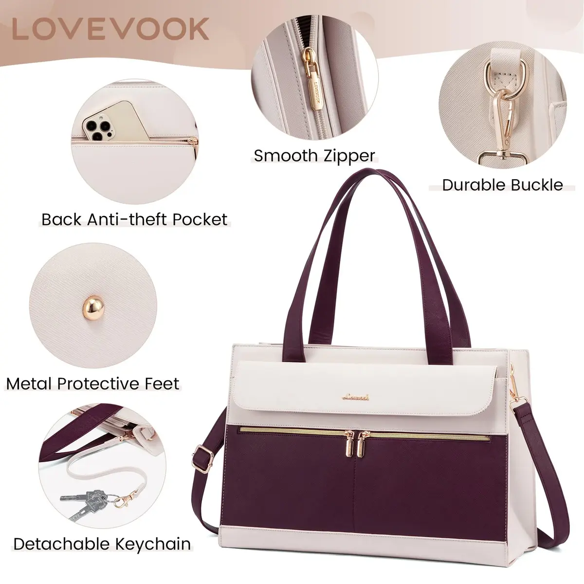 LOVEVOOK Laptop Tote Bag for Women 15.6 Inch | Professional Leather Computer Briefcase with Clutch - view 4