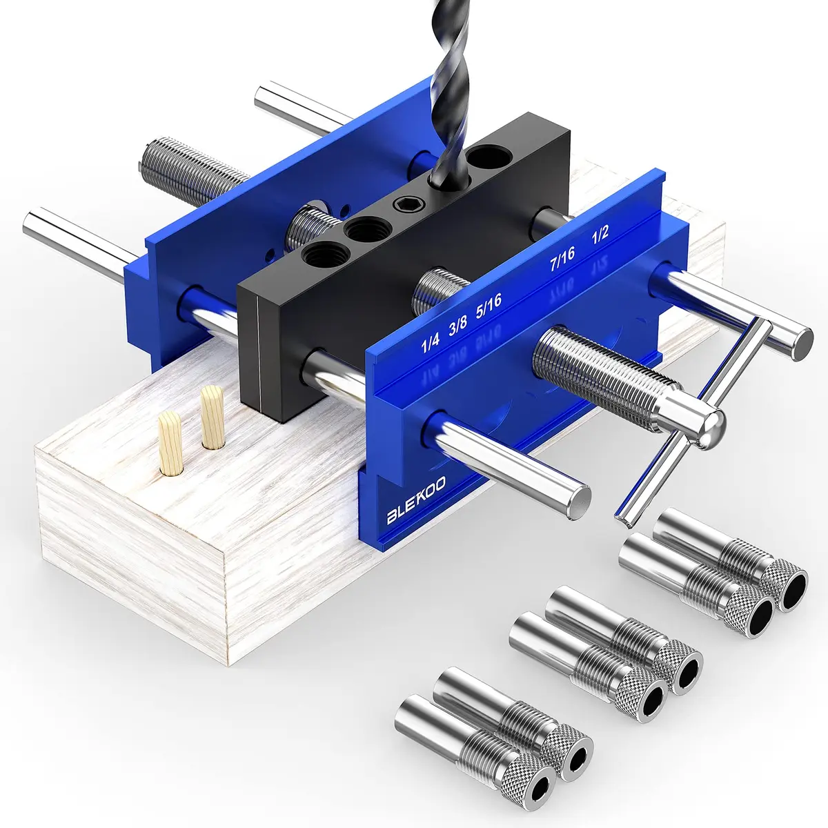 blekoo Upgraded 6.7 inch Self Centering Doweling Jig Kit with 6 Drill Guide Bushings | Precise Woodworking Tool for Panel Furniture - main product image