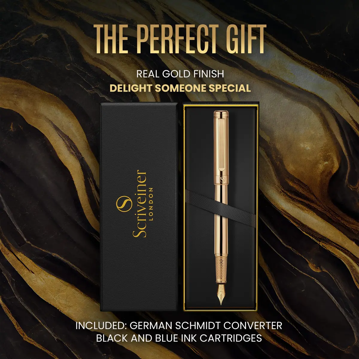 Scriveiner Luxury Fountain Pen - Gold Finish, Schmidt Gilded Nib, Converter, Gift Set (Medium) | Elegant Writing Instrument - view 3