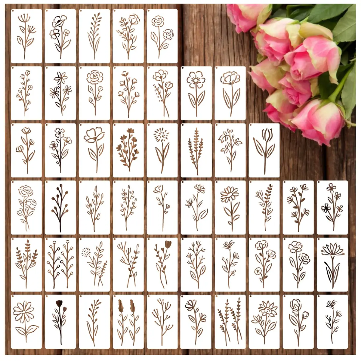 yhslmh Botanical Flower Stencils for Crafts 3.5 x 2 inches | 50 Mini Wildflower Floral Designs for DIY Art Projects - main product image