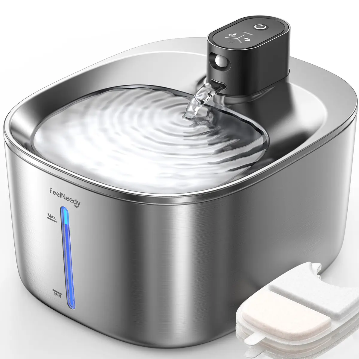 FEELNEEDY Wireless Cat Water Fountain Stainless Steel 4L | Battery Operated, Ultra Quiet, Sensor-Activated - main product image