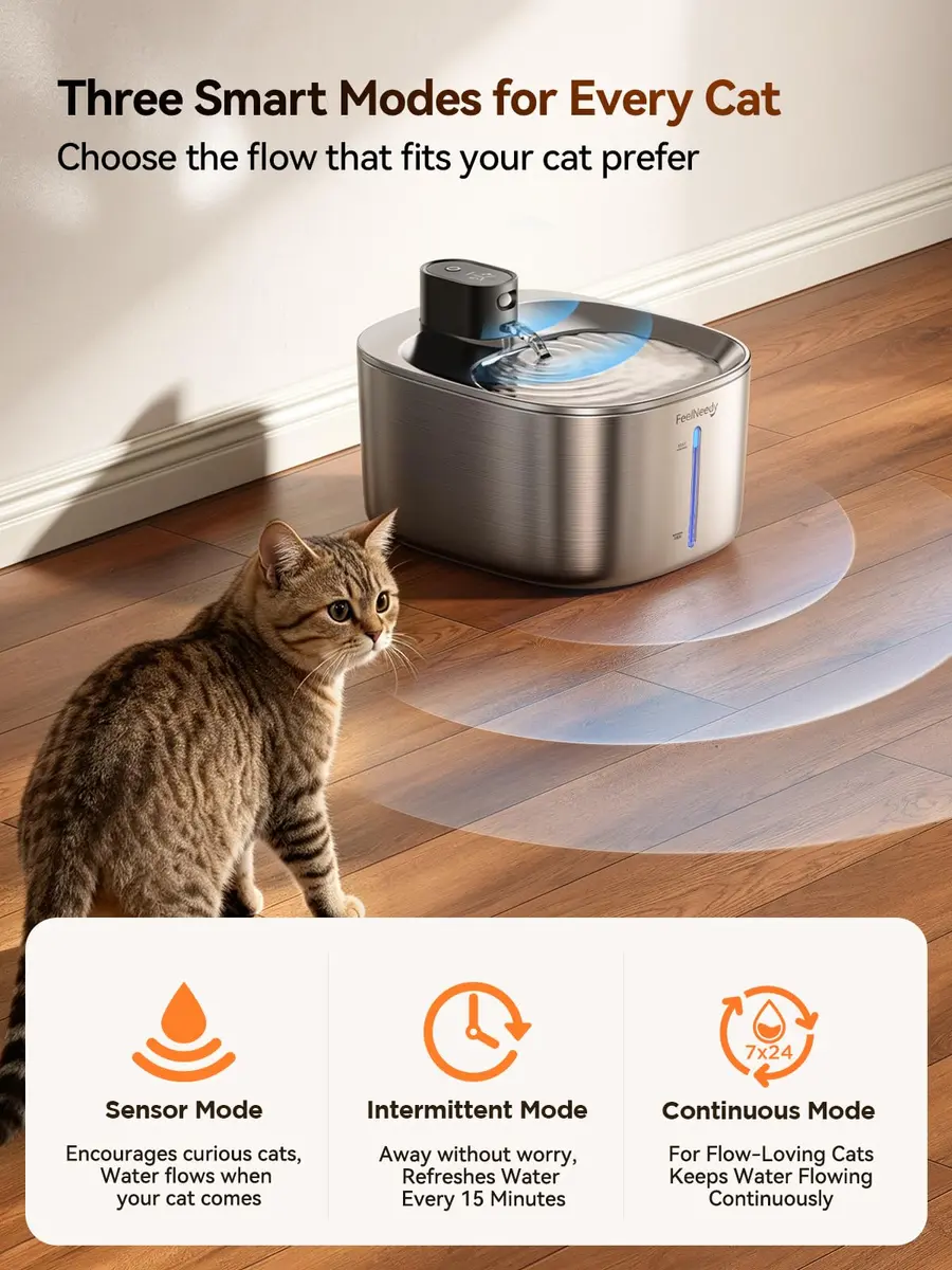 FEELNEEDY Wireless Cat Water Fountain Stainless Steel 4L | Battery Operated, Ultra Quiet, Sensor-Activated - view 3