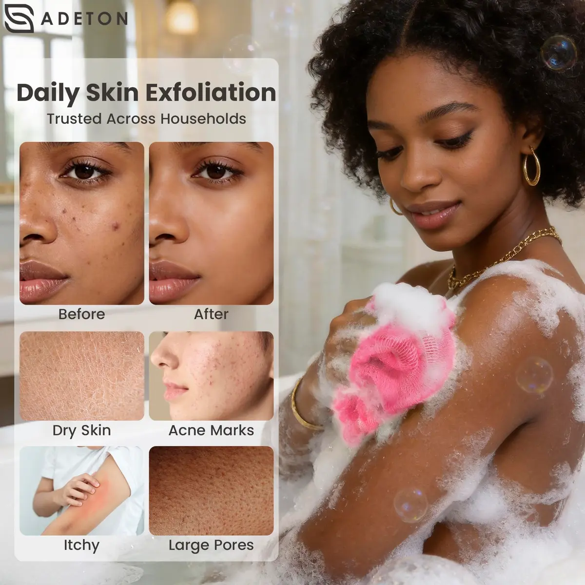 ADETON African Net Sponge with Knots, 2 Pieces Exfoliating Body Scrubber 80cm (31.5 inches) | Authentic Sapo Bath Sponge for Back - view 4