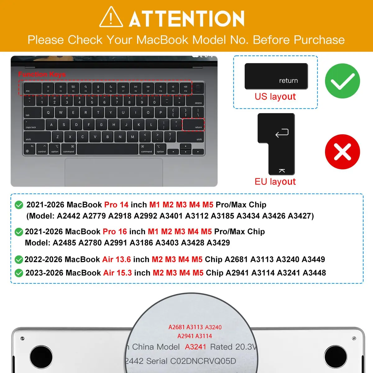 CaseBuy Black Silicone Keyboard Cover for MacBook Air 13.6/15.3 inch M2-M5 Chip, MacBook Pro 14/16 inch M1-M5 Pro/Max | US Layout Protector - view 2