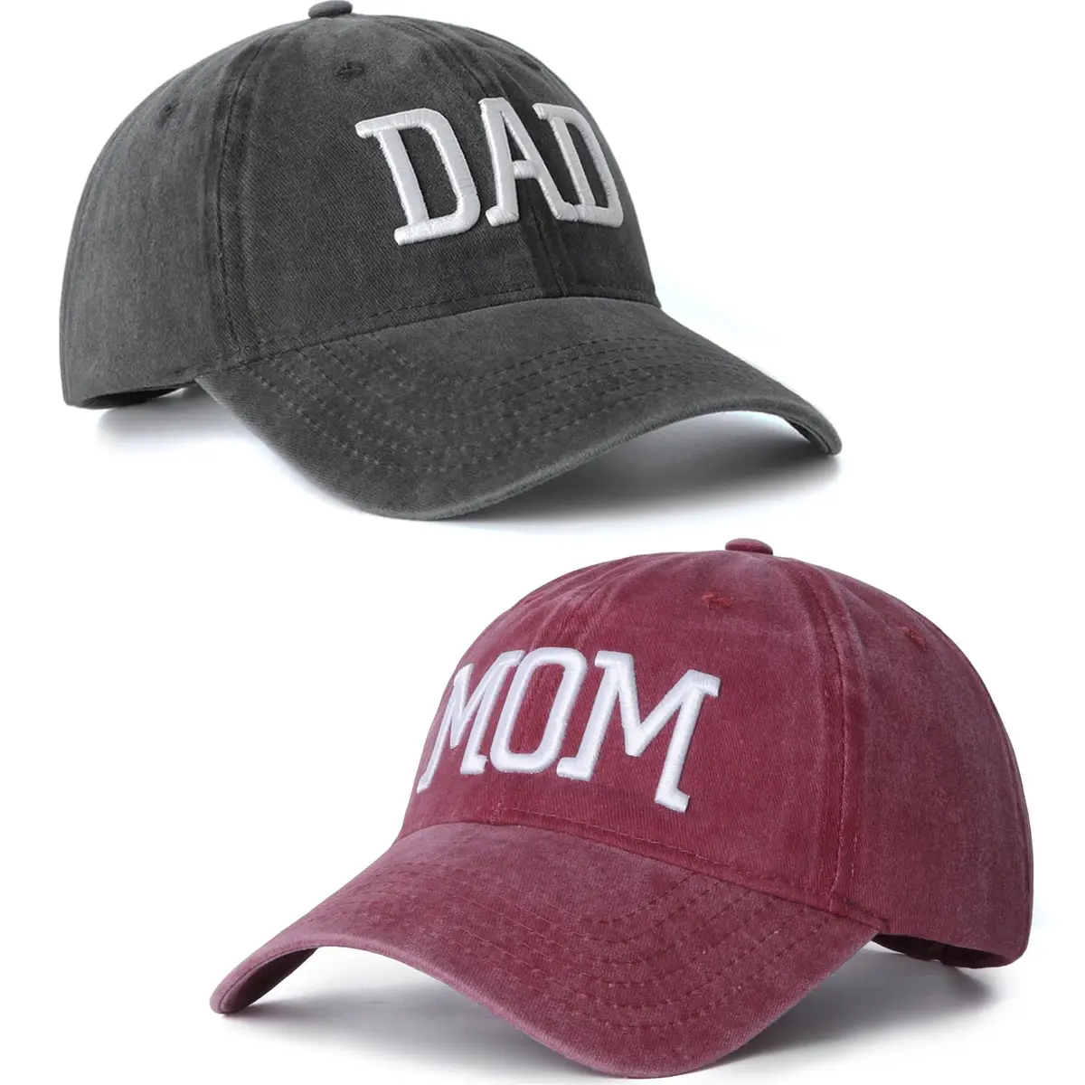 Aeonda Mom and Dad Hats Set of 2 Pcs Adjustable Washed Cotton 3D Embroidered Baseball Caps | Black Red - main product image