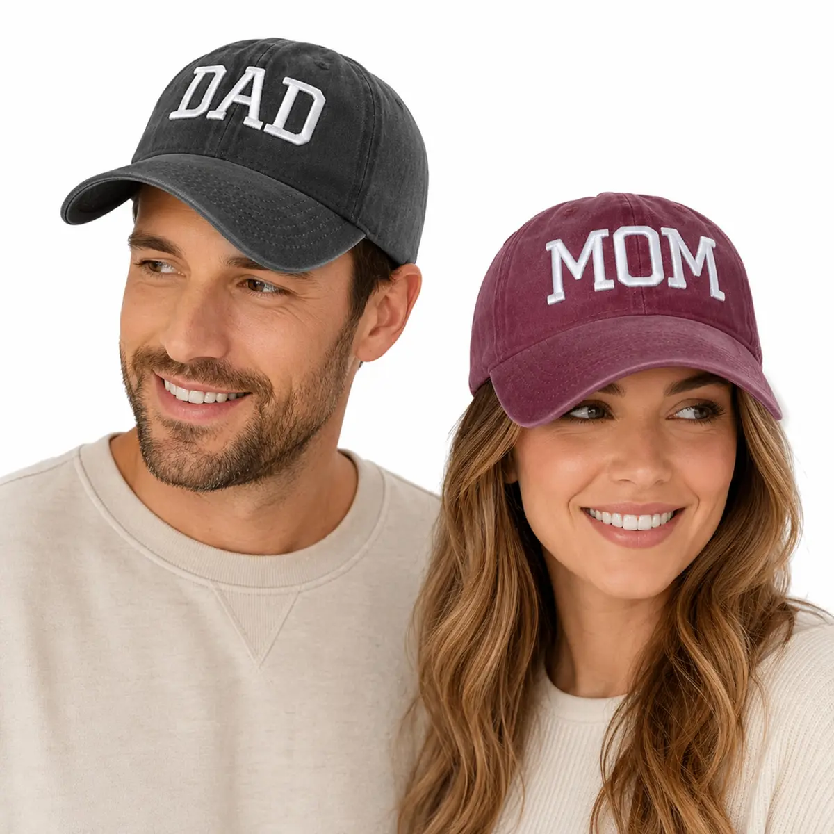 Aeonda Mom and Dad Hats Set of 2 Pcs Adjustable Washed Cotton 3D Embroidered Baseball Caps | Black Red - view 2
