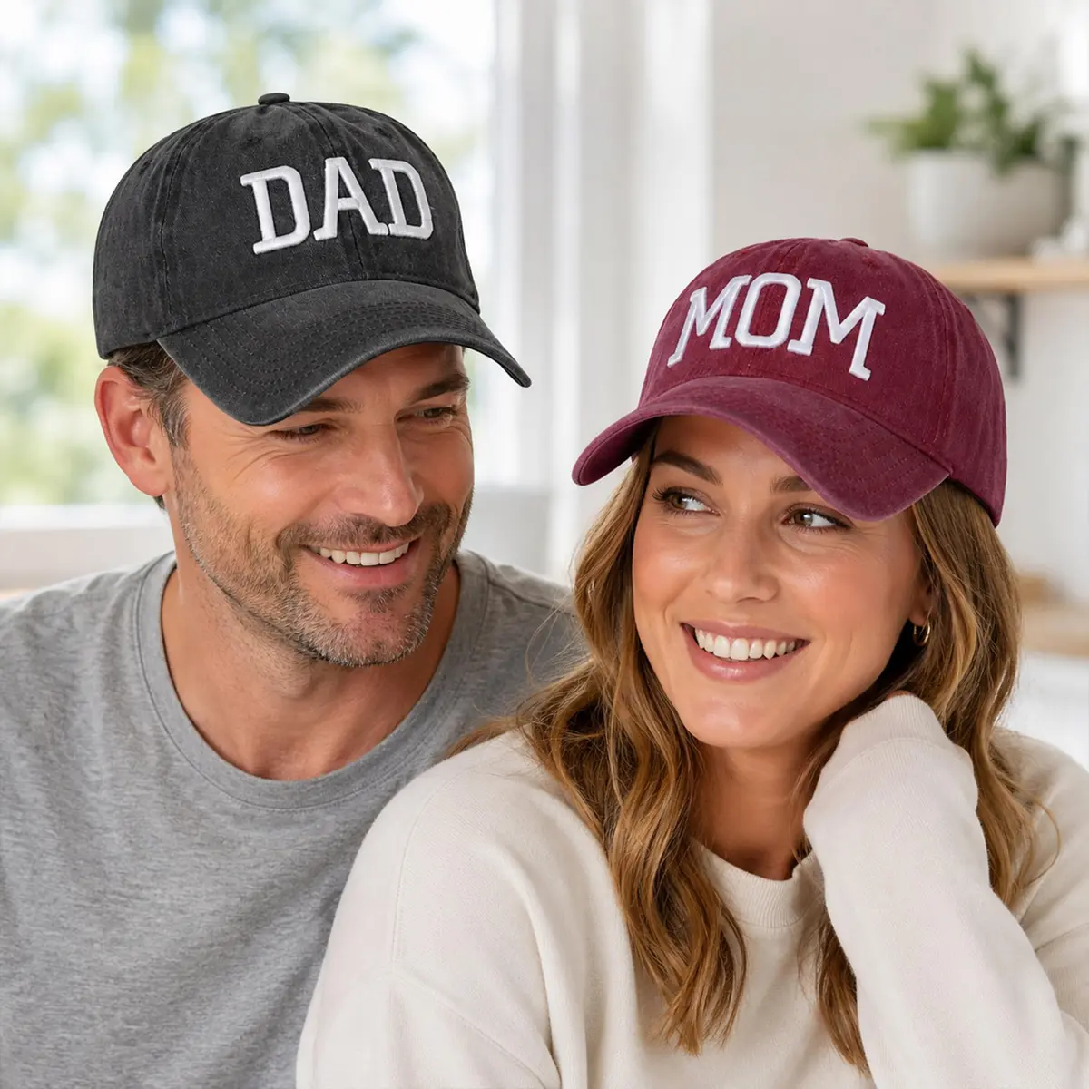 Aeonda Mom and Dad Hats Set of 2 Pcs Adjustable Washed Cotton 3D Embroidered Baseball Caps | Black Red - view 3