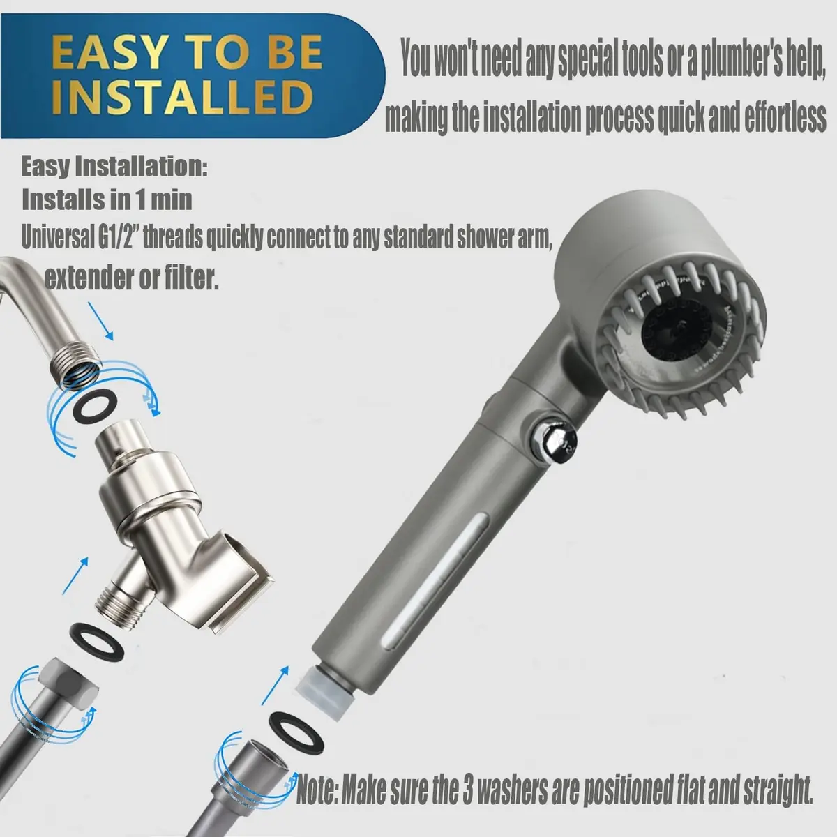 xianshengle Shower Head with Handheld 3 Modes | High Pressure, Water Saving, Filtered, 59" Hose - view 7