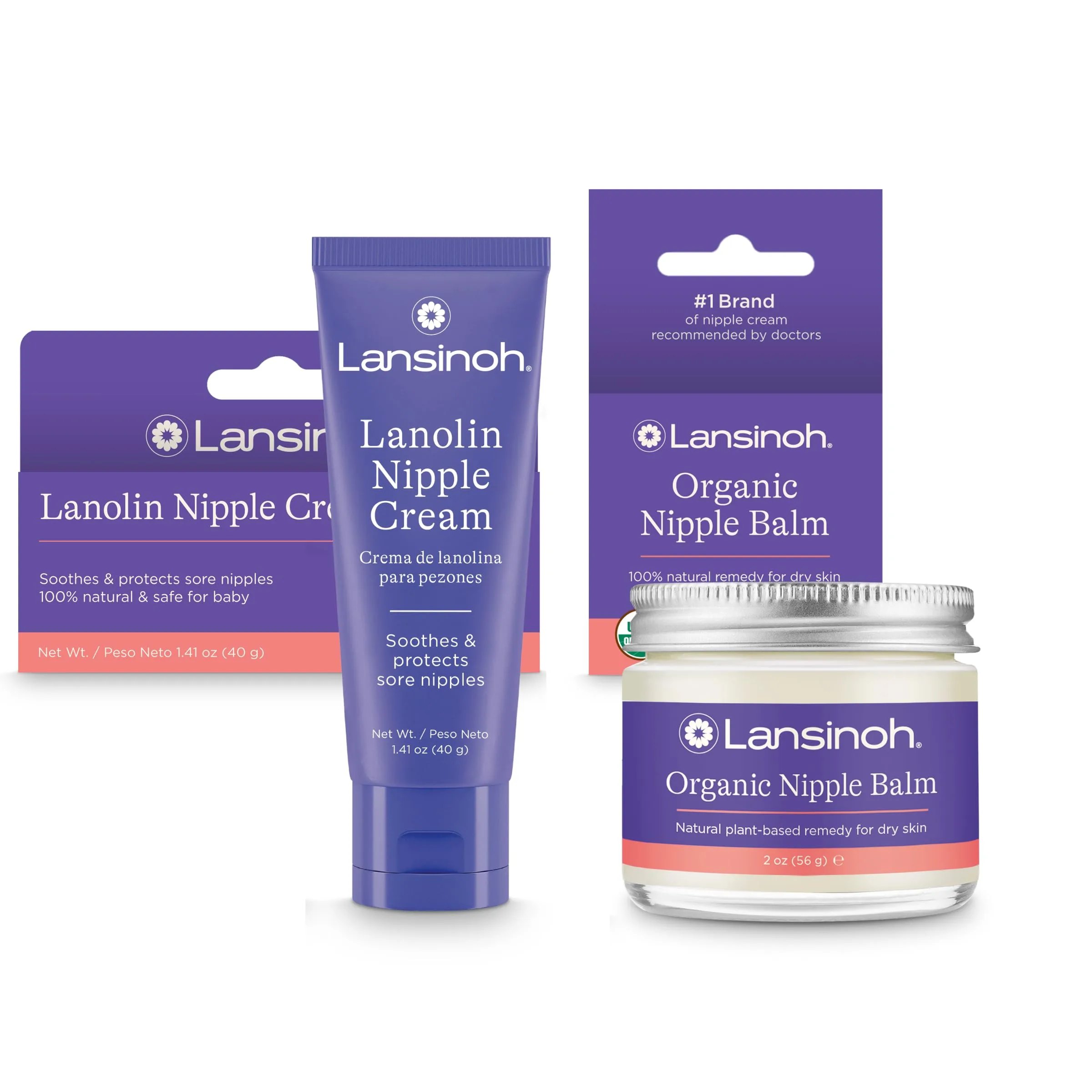 Lansinoh Lanolin Nipple Cream (1.41oz) & Organic Nipple Balm (2oz) | Soothe Sore Nipples - main product image