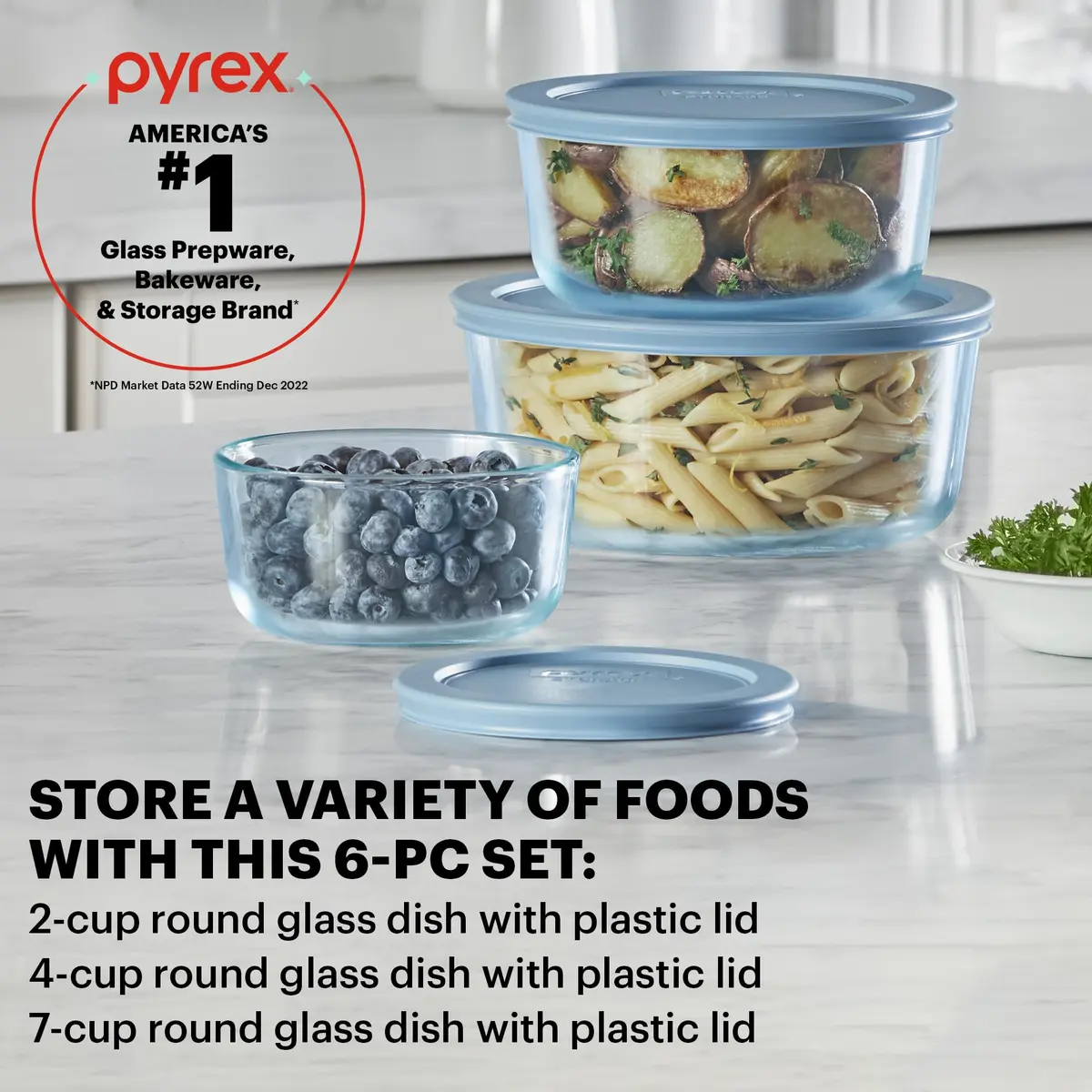 Pyrex Glass Food Storage Containers Set (6-Piece) Small/Medium Round | Stain & Odor Resistant, Microwave & Dishwasher Safe - view 2