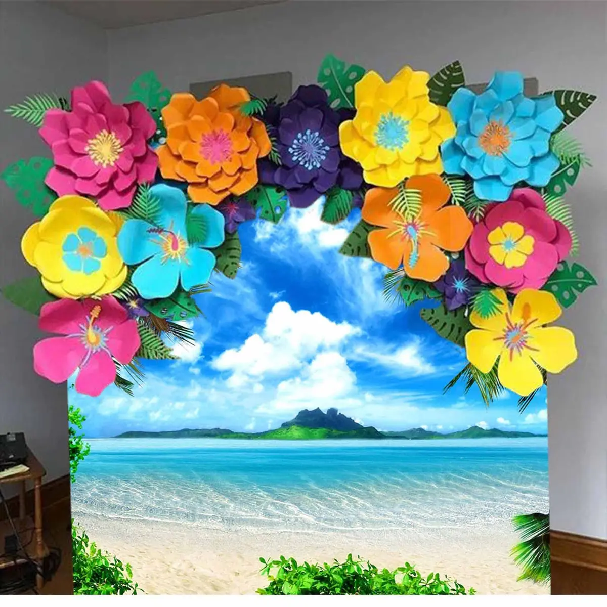 MAQTT Summer Beach Theme Backdrop Hawaiian Ocean Blue Sky Seaside Tropical Palm Trees Luau Background Birthday Party Decor Banner 8x6ft - view 6