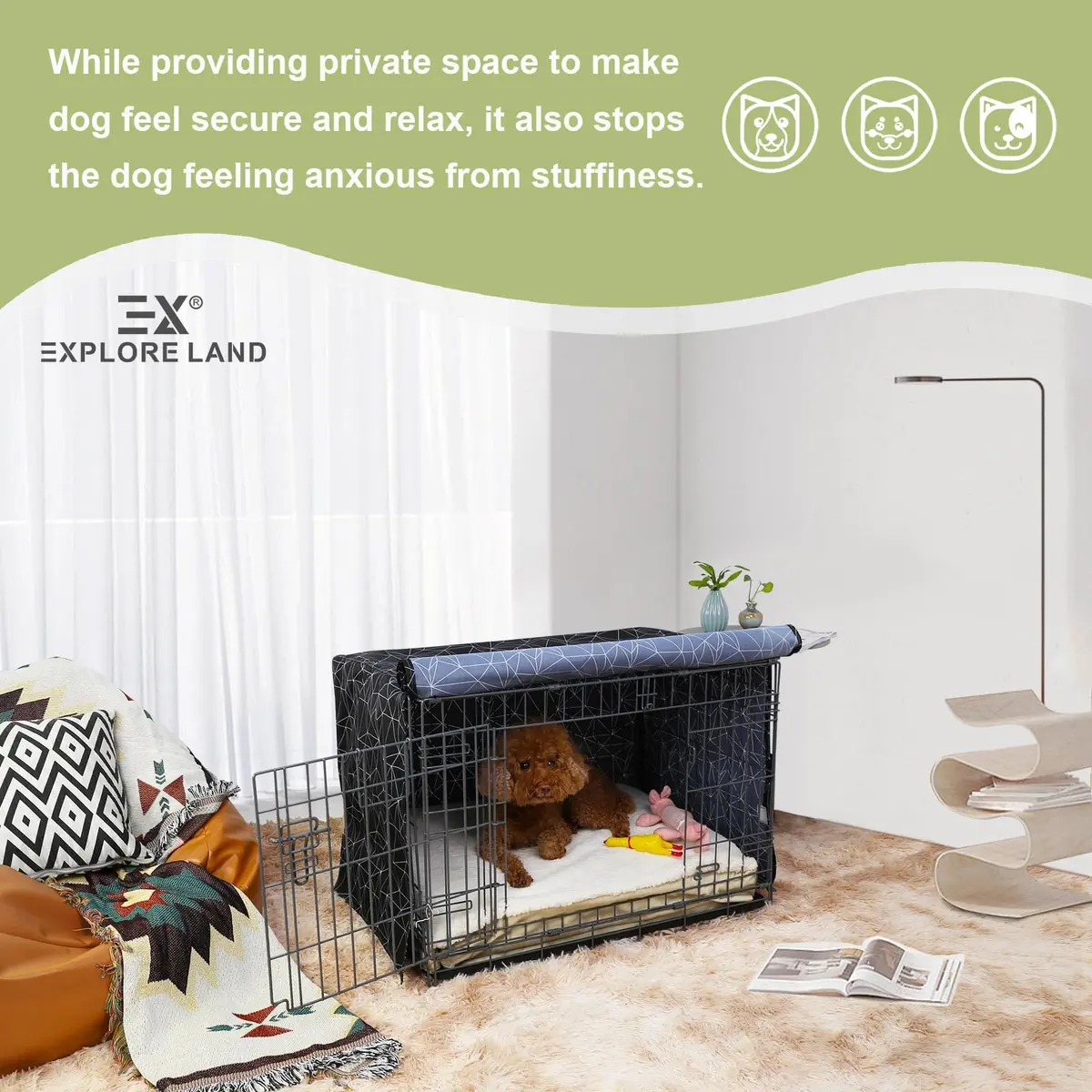 Explore Land Pattern Dog Crate Cover, 42 Inches | Polygonal Design for Standard Wire Crates - view 6