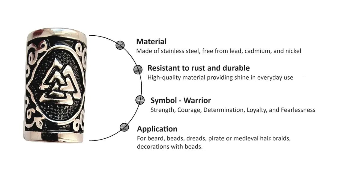 VALHALLA Viking Beard Bead for Men and Women, Clip-On 316L Stainless Steel | Norse Valknut Motif - view 3