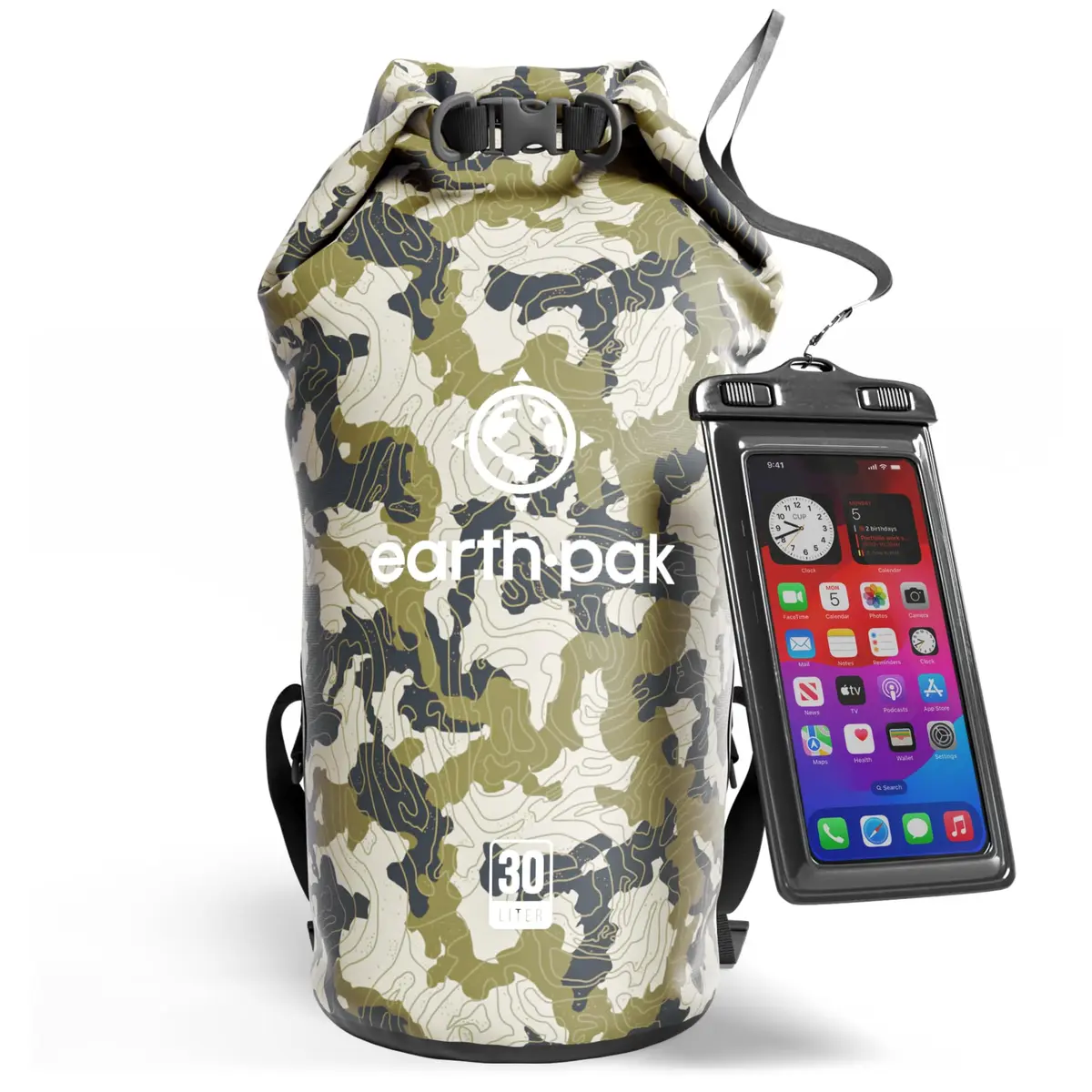 Earth Pak 30L Waterproof Dry Bag Backpack - Camo | Abrasion Resistant 500D PVC for Boating, Kayaking, Beach Days - main product image