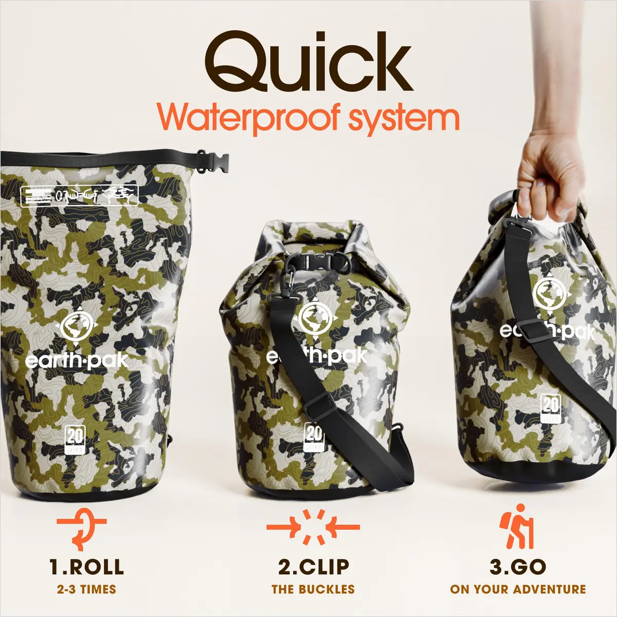 Earth Pak 30L Waterproof Dry Bag Backpack - Camo | Abrasion Resistant 500D PVC for Boating, Kayaking, Beach Days - view 5