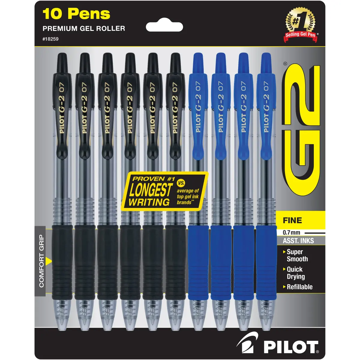 PILOT G2 Rolling Ball Gel Pens, 0.7 mm Fine Point, 6 Black & 4 Blue Ink Pens, 10-Pack | Smooth Writing Instrument - main product image