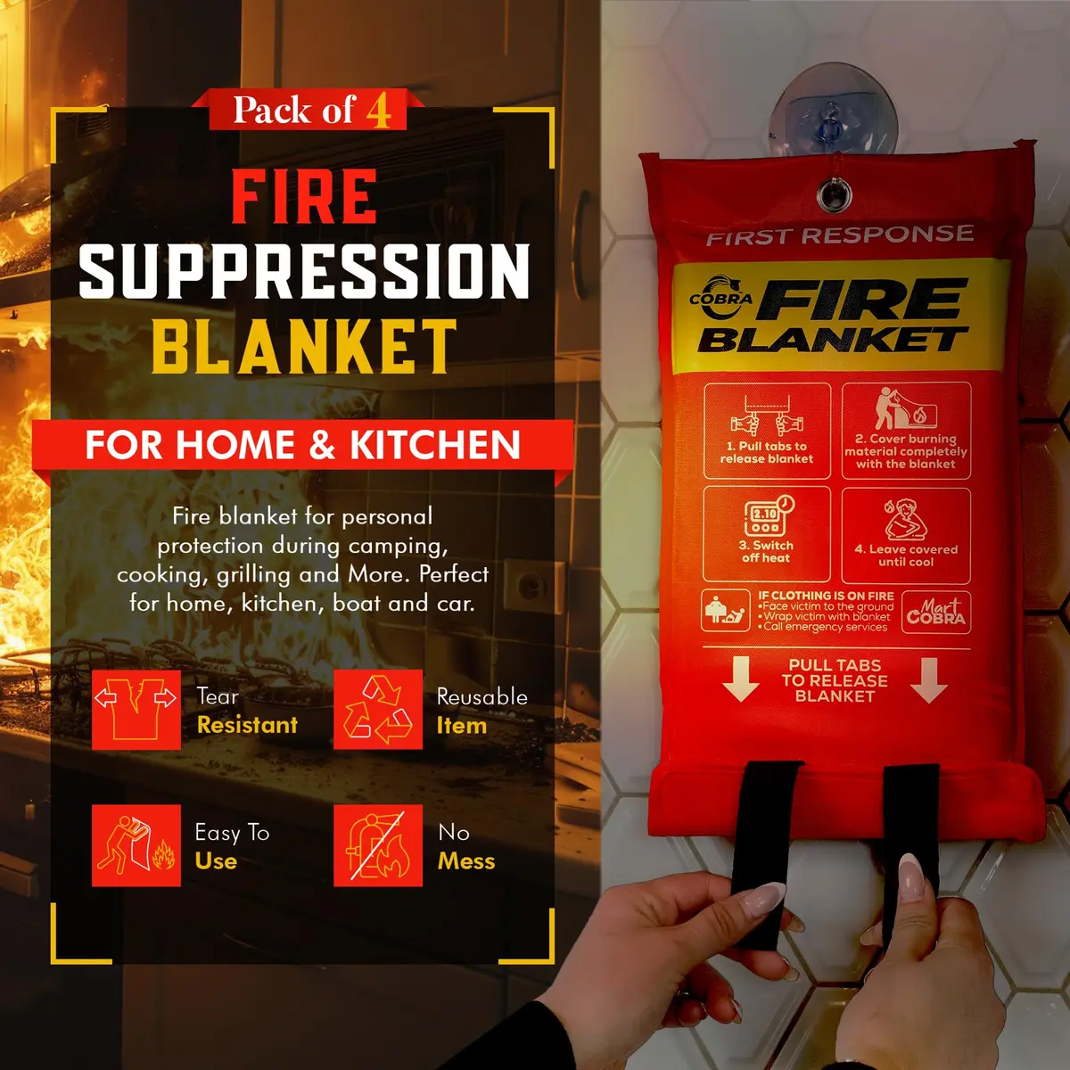 Mart Cobra Emergency Fire Blanket for Home & Kitchen 4-Pack Safety | Flame Retardant Fiberglass Blanket for Kitchen & Home Use - view 3