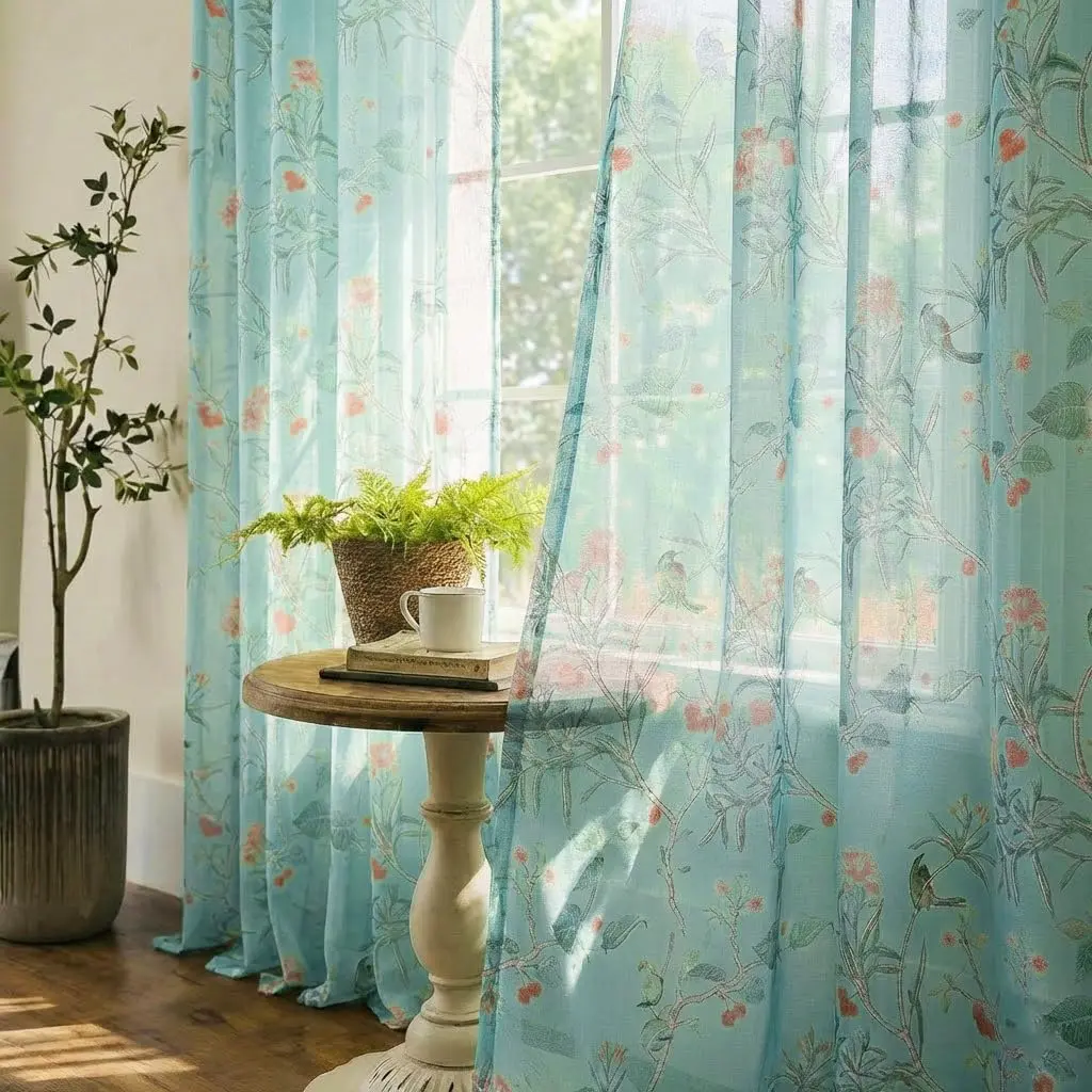 XTMYI Turquoise Aqua Blue Coastal Sheer Curtains 168cm x 213cm (52"W x 84"L) | Botanical Floral Printed Grandmillennial Home Decor Summer Window Panel - main product image