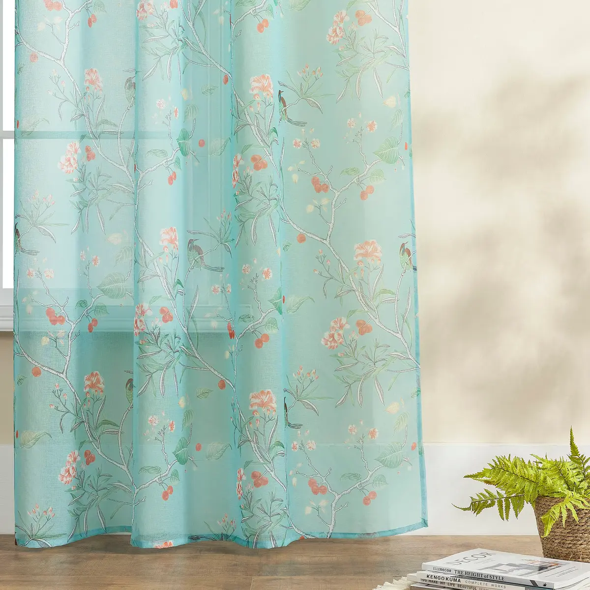 XTMYI Turquoise Aqua Blue Coastal Sheer Curtains 168cm x 213cm (52"W x 84"L) | Botanical Floral Printed Grandmillennial Home Decor Summer Window Panel - view 7