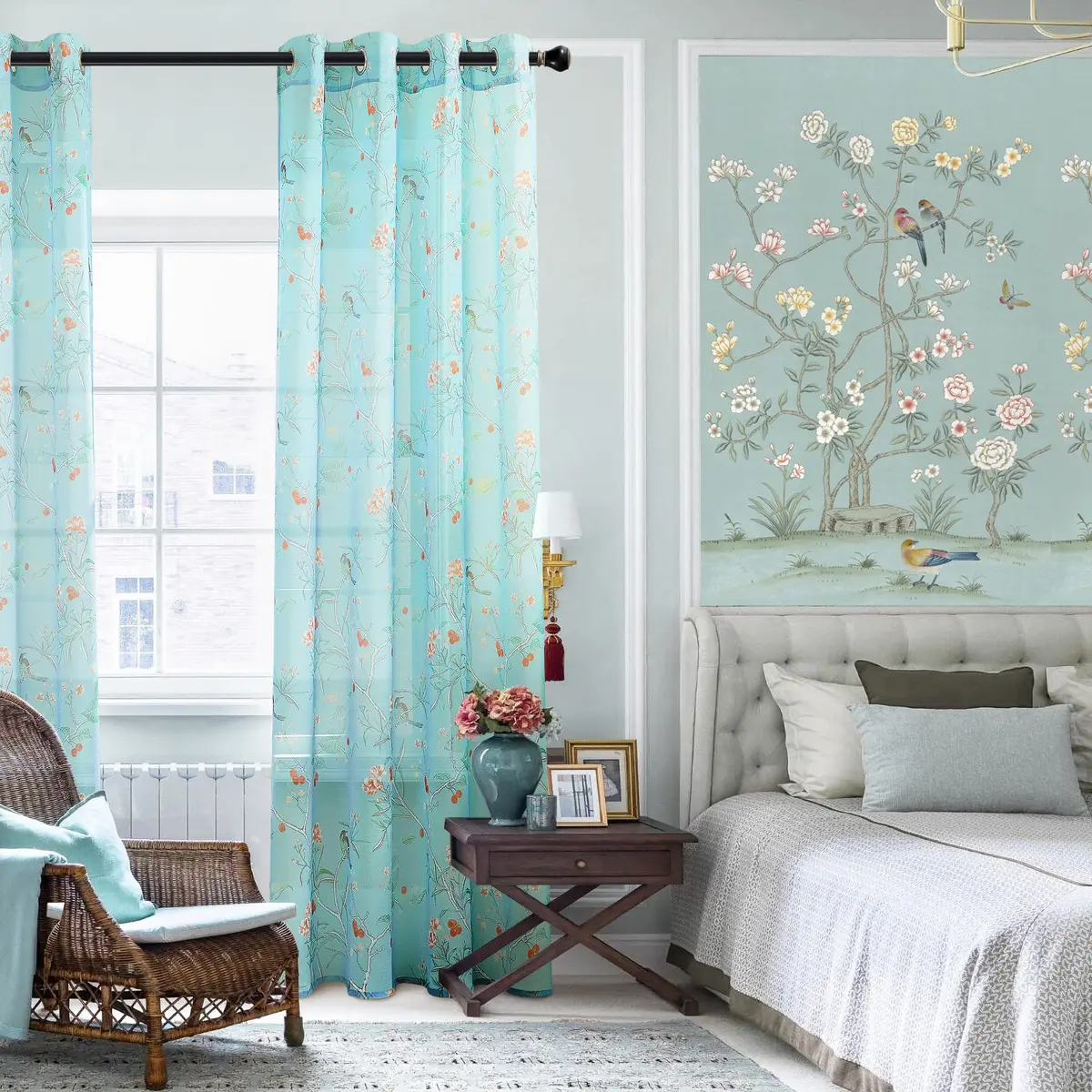 XTMYI Turquoise Aqua Blue Coastal Sheer Curtains 168cm x 213cm (52"W x 84"L) | Botanical Floral Printed Grandmillennial Home Decor Summer Window Panel - view 3