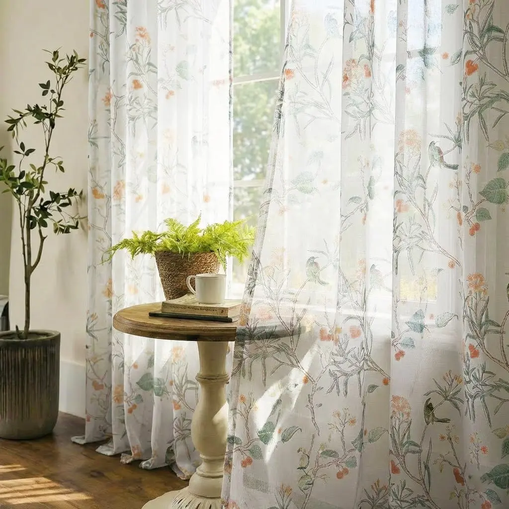XTMYI White Sheer Floral Curtains 84 Inches Long (213 cm) | Vintage Floral Bird Cottage Core Design, 2 Panels - main product image