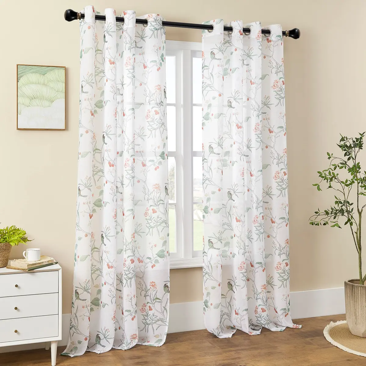 XTMYI White Sheer Floral Curtains 84 Inches Long (213 cm) | Vintage Floral Bird Cottage Core Design, 2 Panels - view 9