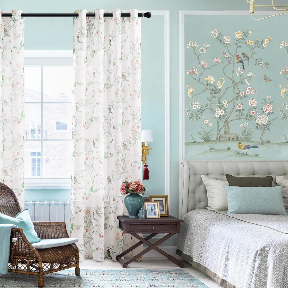 XTMYI White Sheer Floral Curtains 84 Inches Long (213 cm) | Vintage Floral Bird Cottage Core Design, 2 Panels - view 2