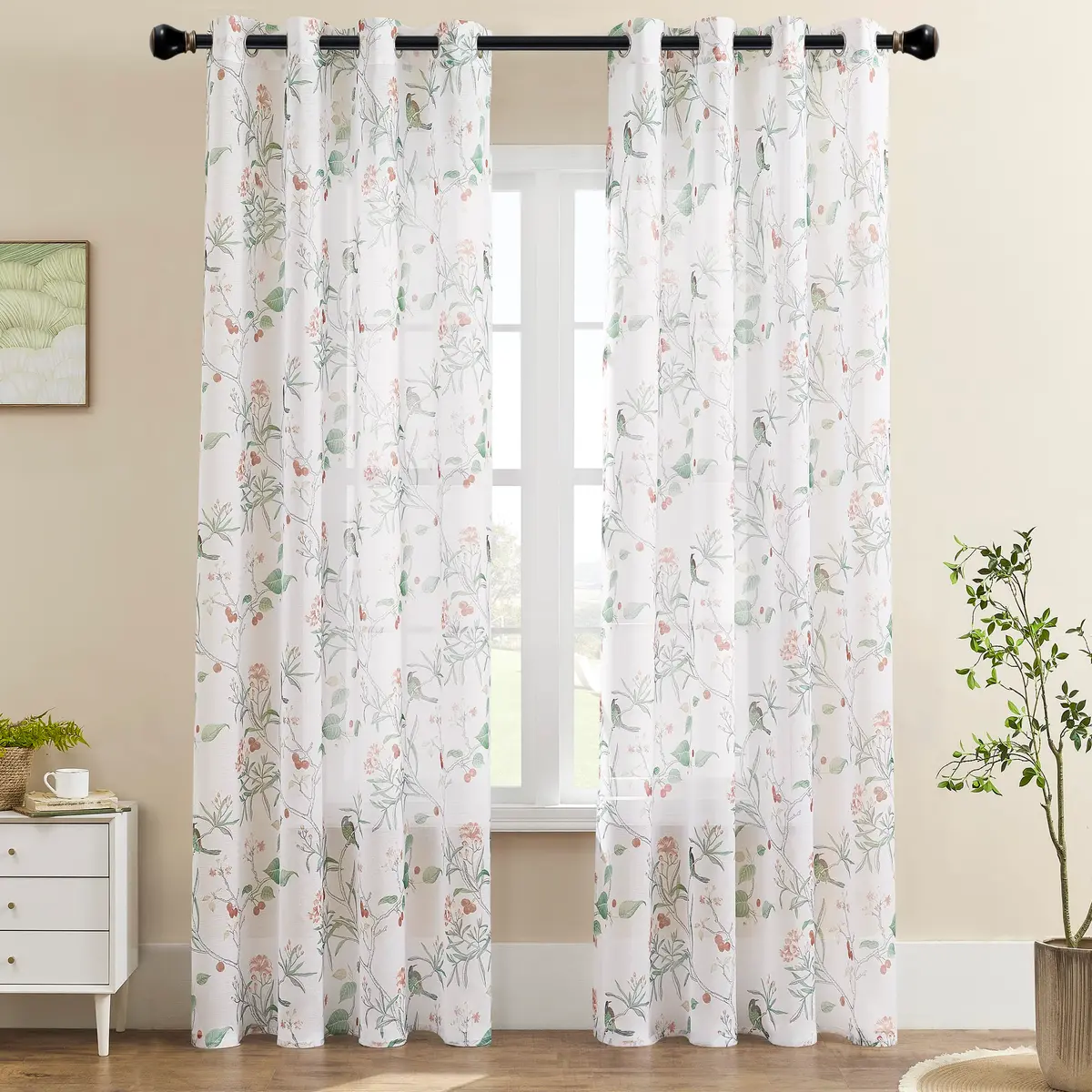 XTMYI White Sheer Floral Curtains 84 Inches Long (213 cm) | Vintage Floral Bird Cottage Core Design, 2 Panels - view 3
