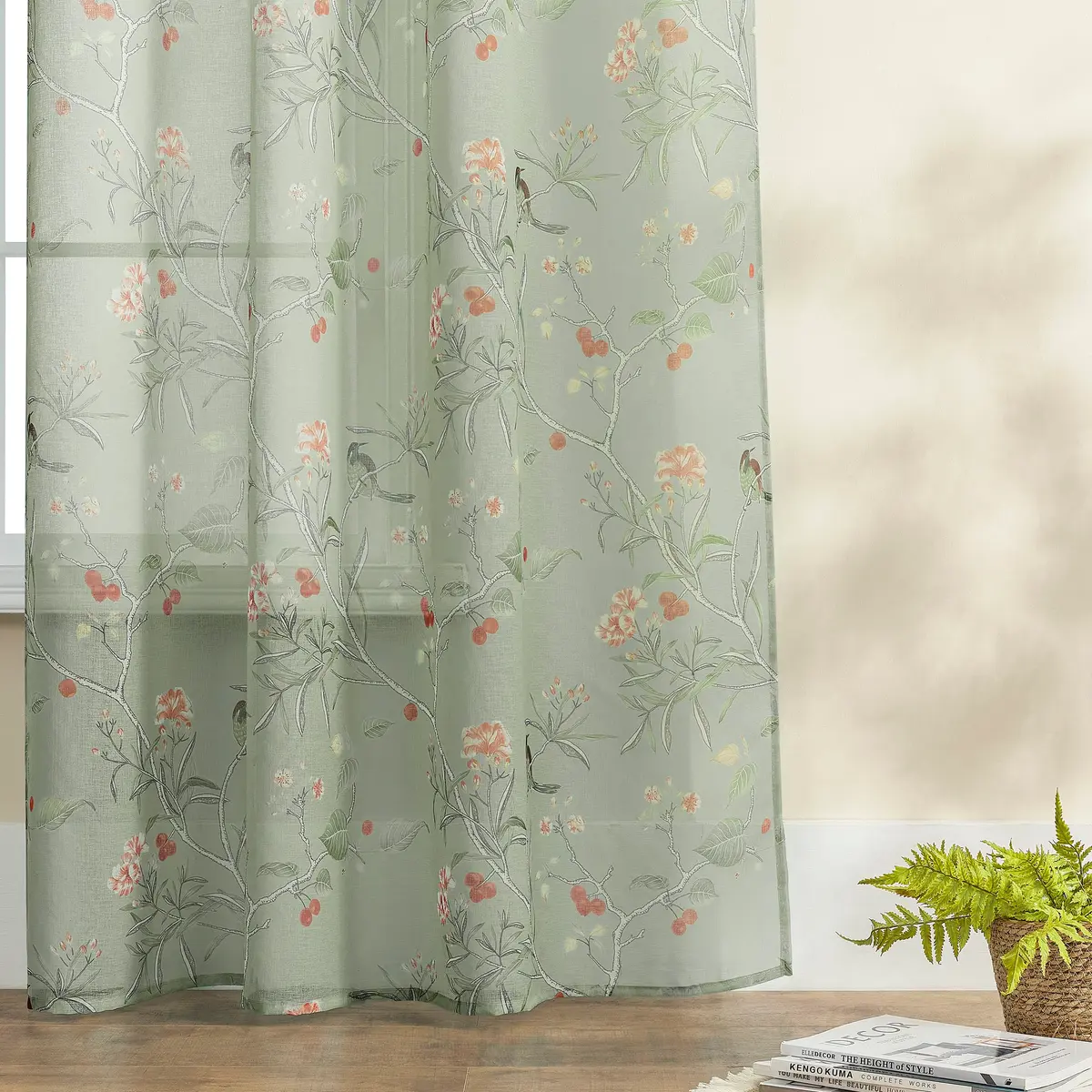 XTMYI Sage Green Floral Curtains 213 cm (84 Inches) Long | French Country Bird Botanical Pattern Voile Panels Set - view 8