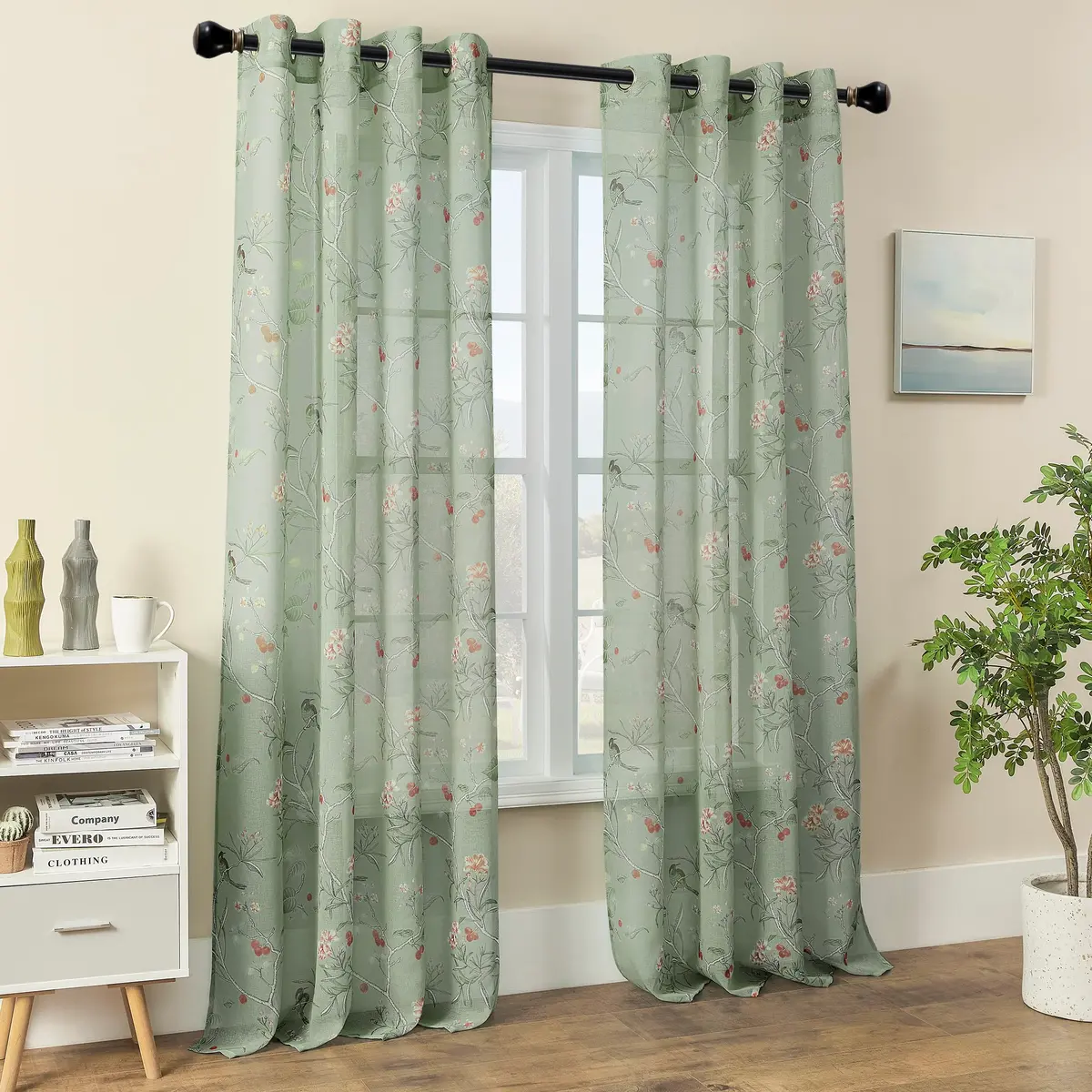 XTMYI Sage Green Floral Curtains 213 cm (84 Inches) Long | French Country Bird Botanical Pattern Voile Panels Set - view 9