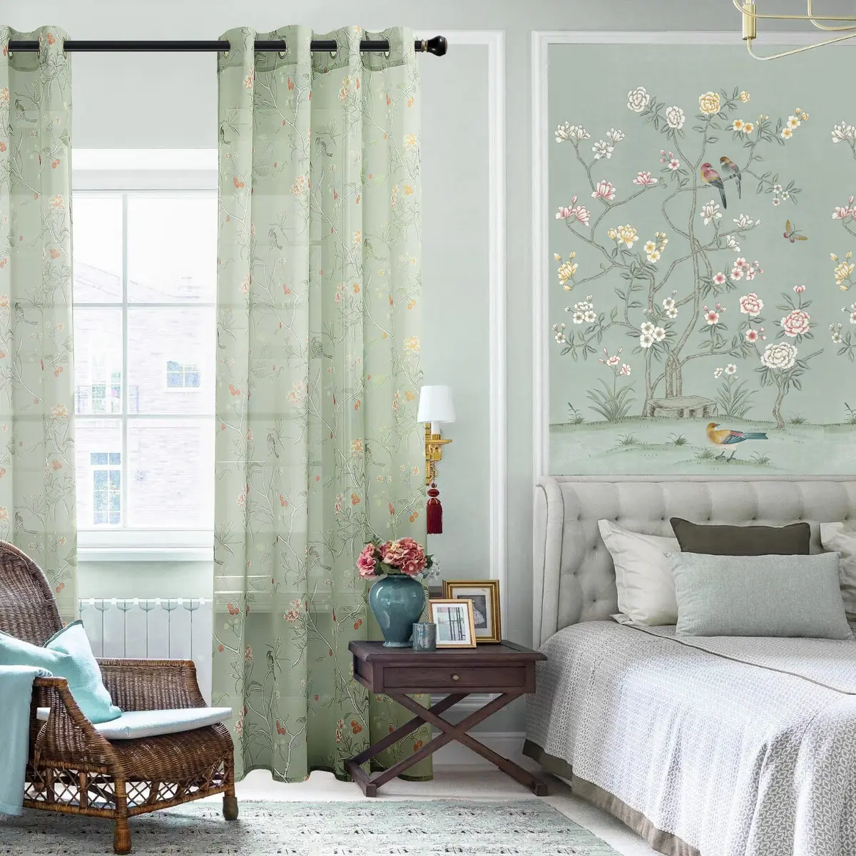 XTMYI Sage Green Floral Curtains 213 cm (84 Inches) Long | French Country Bird Botanical Pattern Voile Panels Set - view 2