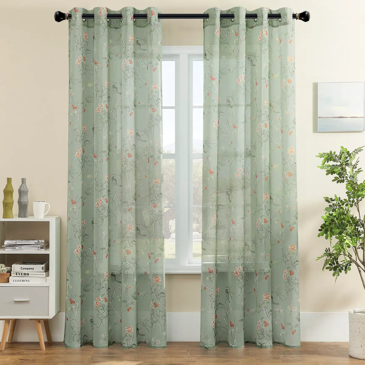 XTMYI Sage Green Floral Curtains 213 cm (84 Inches) Long | French Country Bird Botanical Pattern Voile Panels Set - view 3