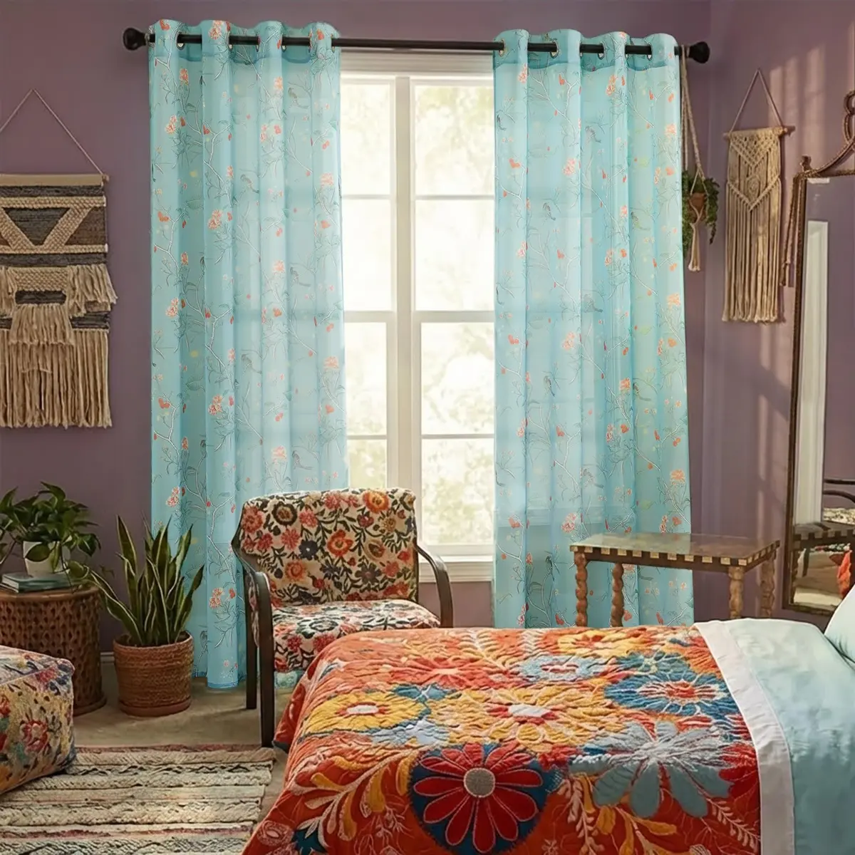 XTMYI Turquoise Blue Eclectic Boho Sheer Curtains Botanical Pattern 244cm (96 Inch) Long 2 Panel Set | Light-Filtering Global Artistic Bohemian Breezy Window Panels - main product image