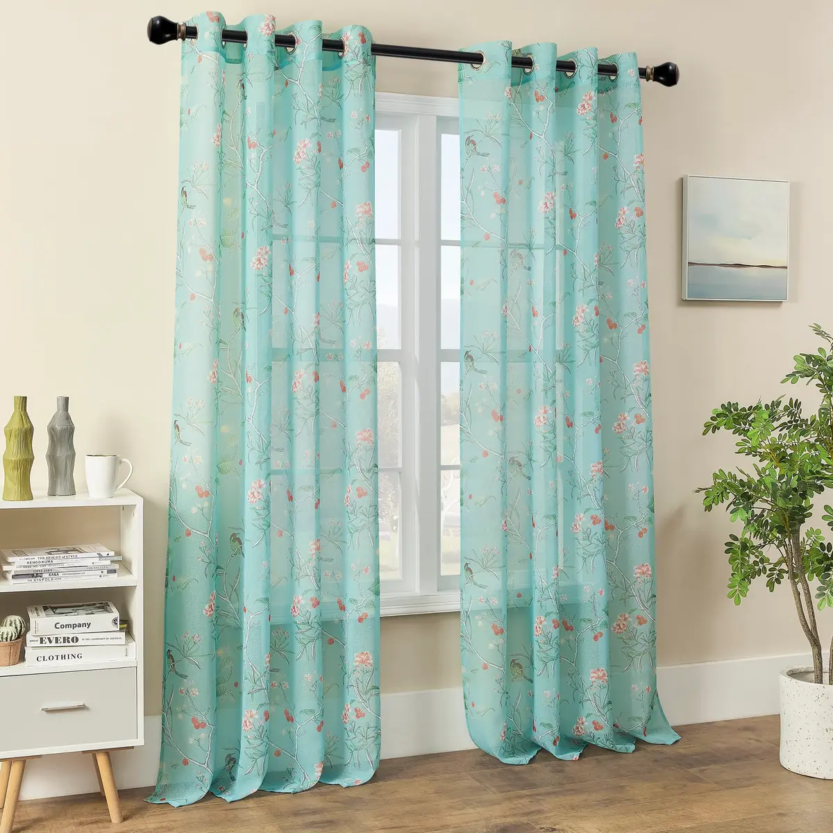 XTMYI Turquoise Blue Eclectic Boho Sheer Curtains Botanical Pattern 244cm (96 Inch) Long 2 Panel Set | Light-Filtering Global Artistic Bohemian Breezy Window Panels - view 8