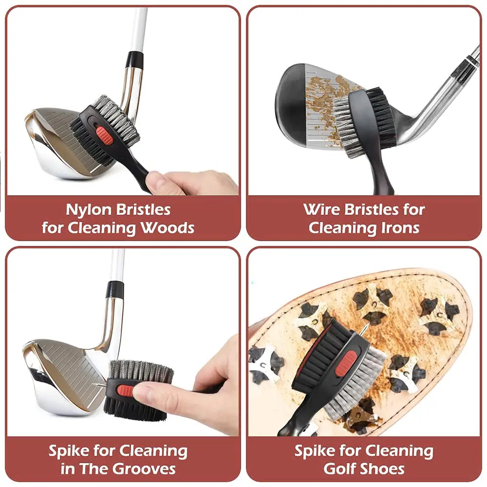 THIODOON 2 Pack Golf Club Brush and Groove Cleaner with Magnetic Keychain | Oversized Brush Head & Retractable Spike (2pcs Black Red) - view 4
