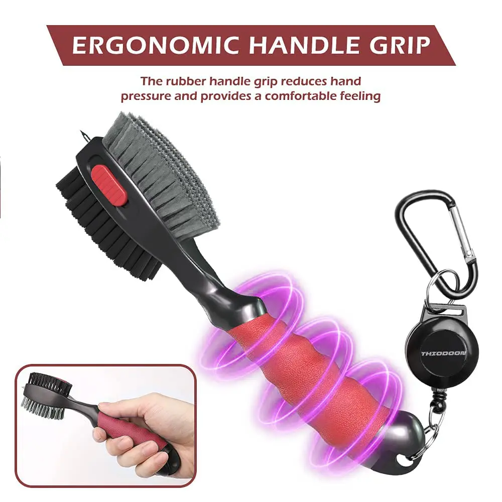 THIODOON 2 Pack Golf Club Brush and Groove Cleaner with Magnetic Keychain | Oversized Brush Head & Retractable Spike (2pcs Black Red) - view 5