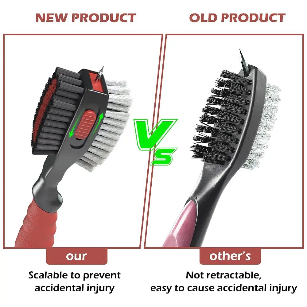 THIODOON 2 Pack Golf Club Brush and Groove Cleaner with Magnetic Keychain | Oversized Brush Head & Retractable Spike (2pcs Black Red) - view 6