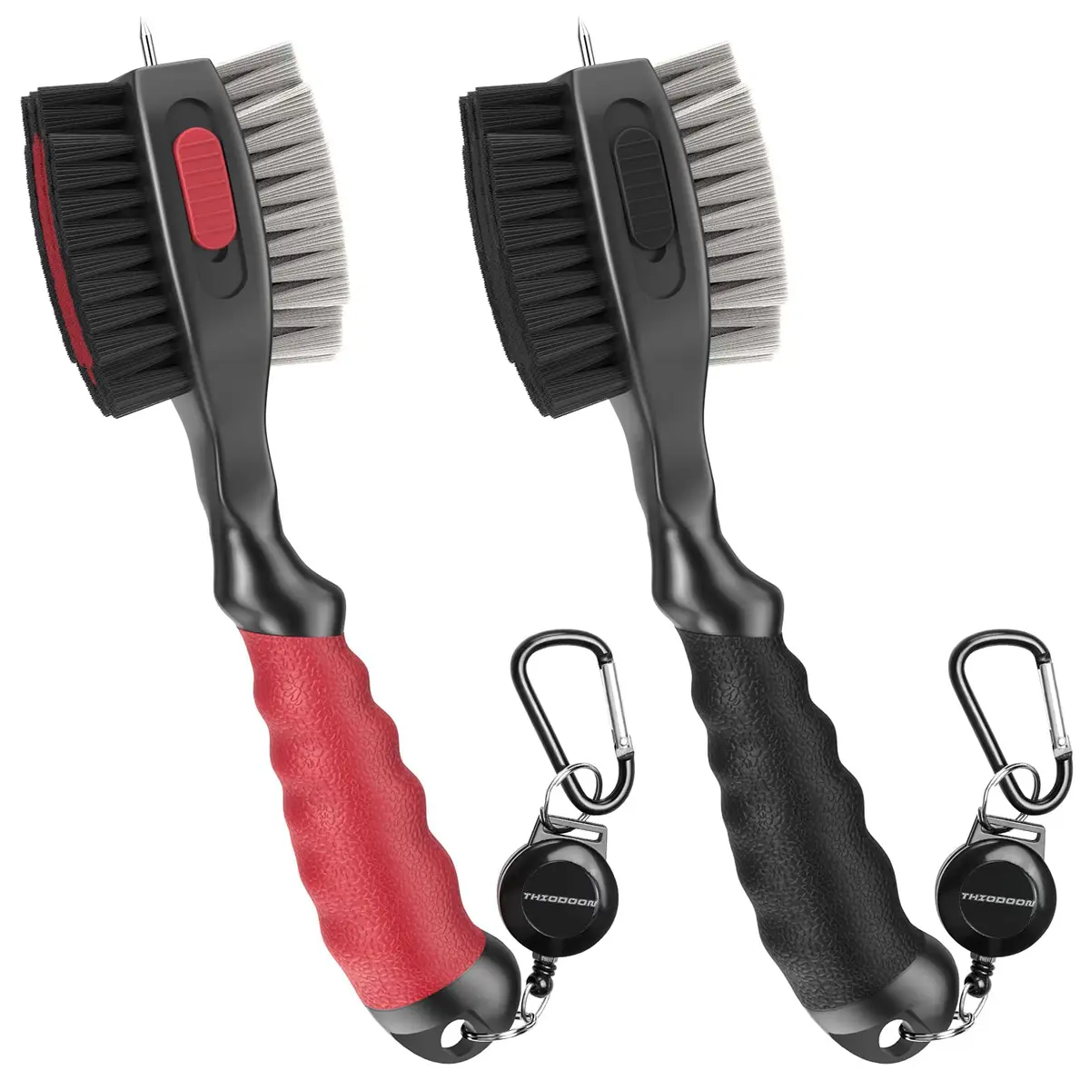 THIODOON 2 Pack Golf Club Brush and Groove Cleaner with Magnetic Keychain | Oversized Brush Head & Retractable Spike (2pcs Black Red) - main product image