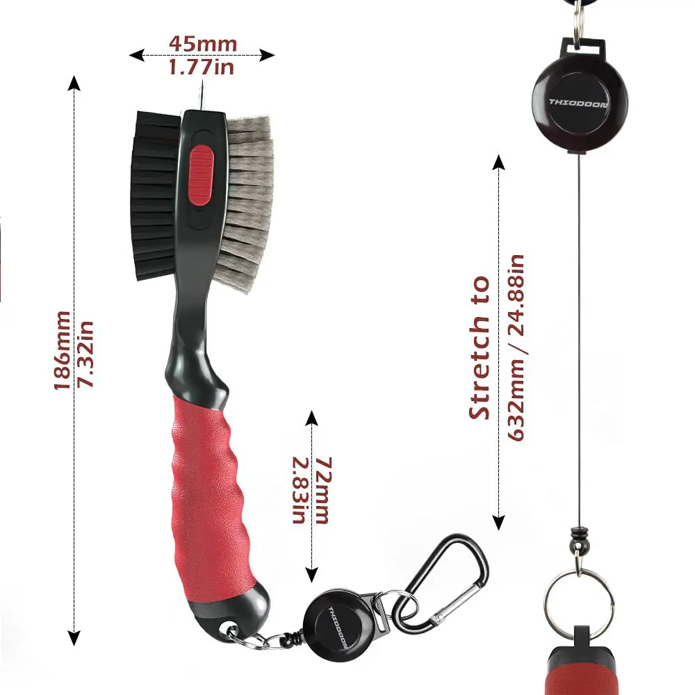THIODOON 2 Pack Golf Club Brush and Groove Cleaner with Magnetic Keychain | Oversized Brush Head & Retractable Spike (2pcs Black Red) - view 2