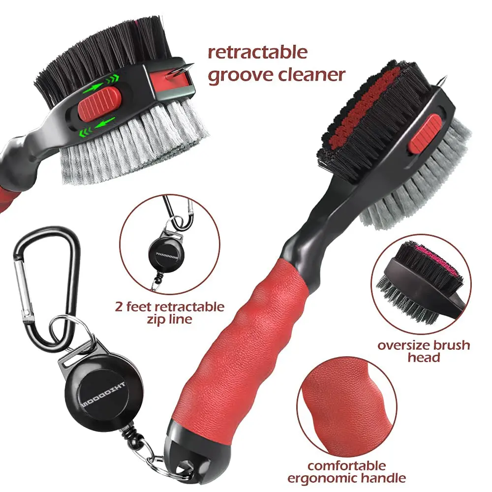 THIODOON 2 Pack Golf Club Brush and Groove Cleaner with Magnetic Keychain | Oversized Brush Head & Retractable Spike (2pcs Black Red) - view 3