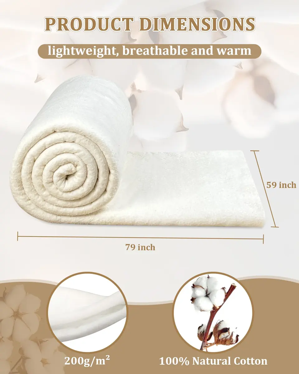 PLANTIONAL 150 cm x 200 cm (59" x 79") Natural Cotton Quilt Batting | Soft, Warm, Tear-Resistant for Quilting Projects - view 2