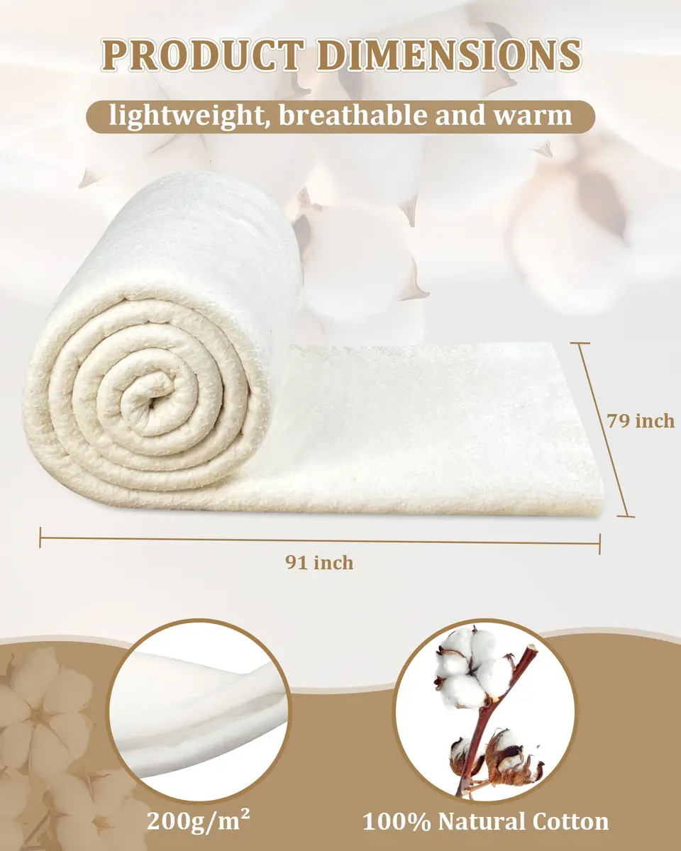 PLANTIONAL Natural Cotton Quilt Batting 79x91 Inch (200cm x 231cm) | Soft, Warm, Tear-Resistant Fabric for Quilts - view 2