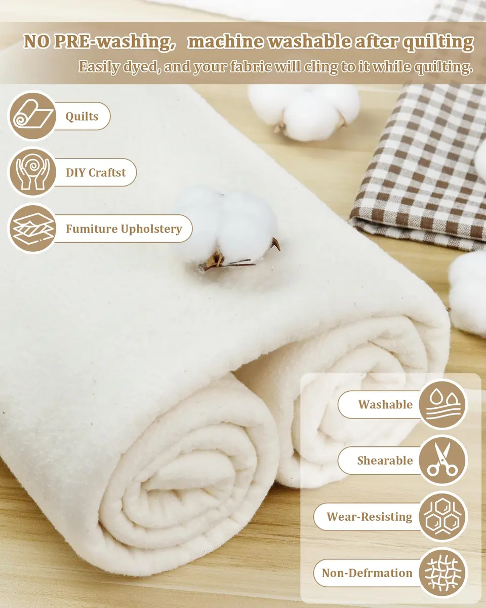 PLANTIONAL Natural Cotton Quilt Batting 79x91 Inch (200cm x 231cm) | Soft, Warm, Tear-Resistant Fabric for Quilts - view 4